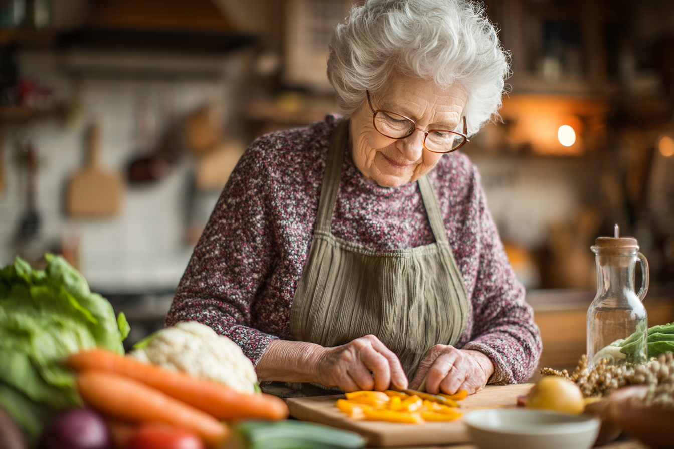 Cuplu matur fericit pregătind o masă sănătoasă în bucătărie